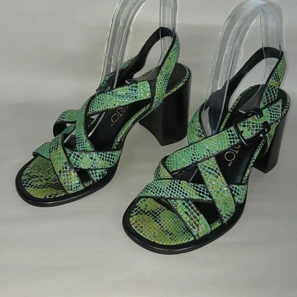Franco Sarto Women 90s Open-Toe Strappy Sandals 5.5 Green Snakeskin Block Heel